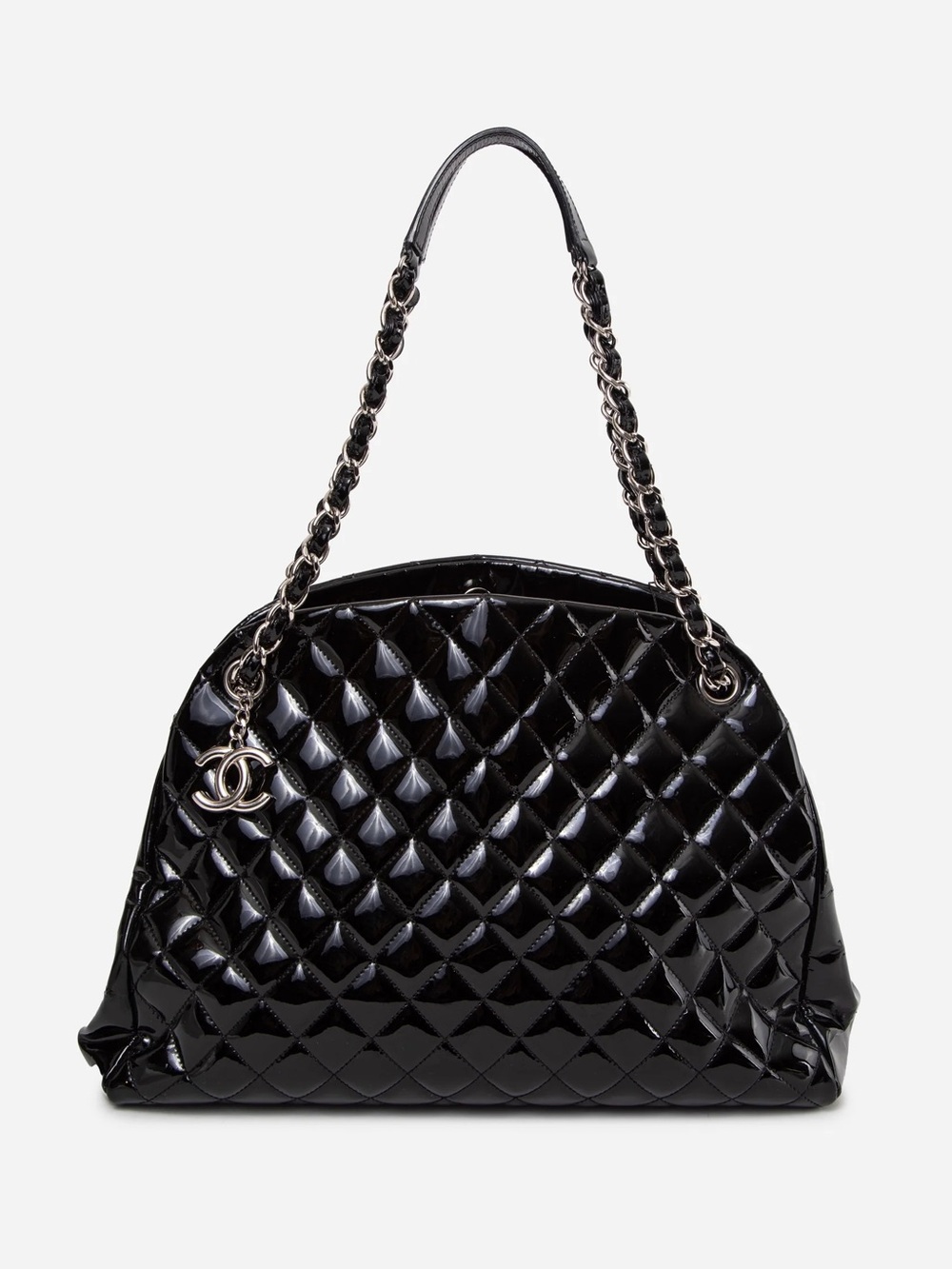 Pre-Owned Chanel 2013 Black Patent Maxi Just Mademoiselle Bowling Bag